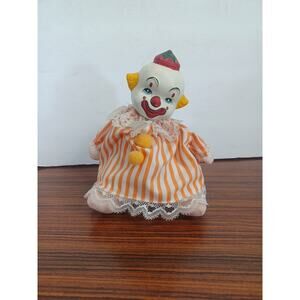 Clown Plush Musical Striped Doll Ceramic Head Wind Up Artmark 1989 Music